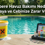 Havuz kenarında kimyasal kovası ve su ölçümü yapılan havuz test kiti. Ezbere bakım yerine test kiti kullanımı.